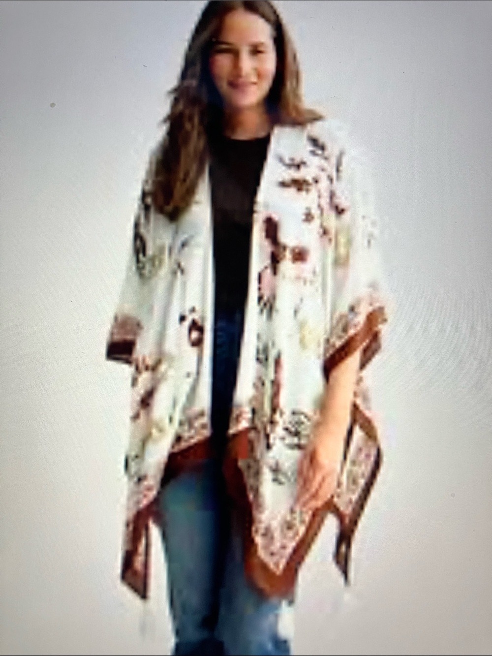 Nine West Cream Kimono Cardigan with Brown Floral Trim
